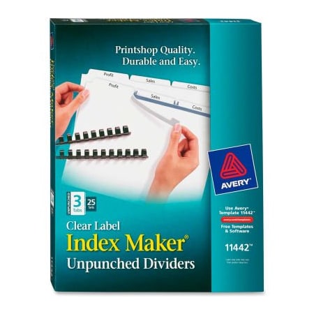 Avery Dennison Avery Index Maker Clear Label Divider, Easy Apply, 8.5"x11", 3 Tabs, 25 Sets, White/White 11442